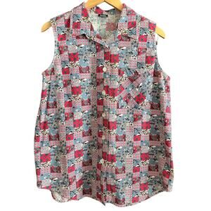 VINTAGE JUDY KNAPP | Red Patchwork Print Sleeveless Collared Shirt  Medium